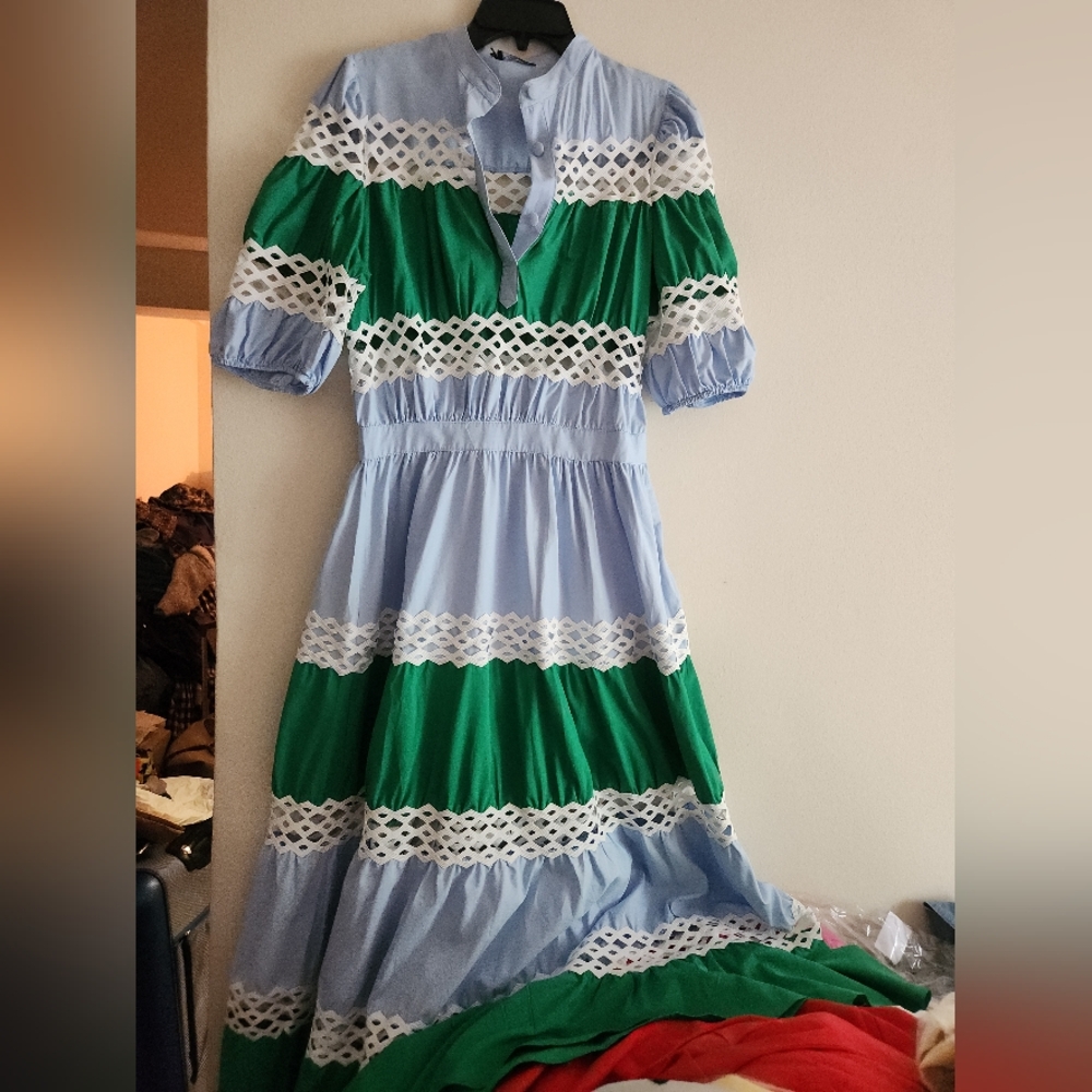 Dolce Squa BLUE & GREEN COLOR BLOCK MAXI WITH WHITE TRIMMINGSsz L - Picture 6 of 15